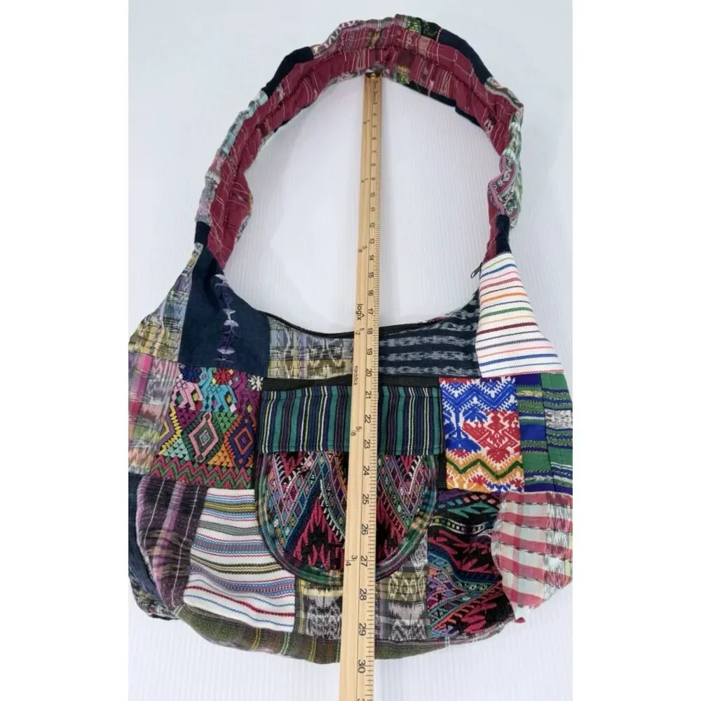 Boho Hippie Hobo Large Shoulder Bag Fabric Purse Patchwork Multicolors - Picture 6 of 8